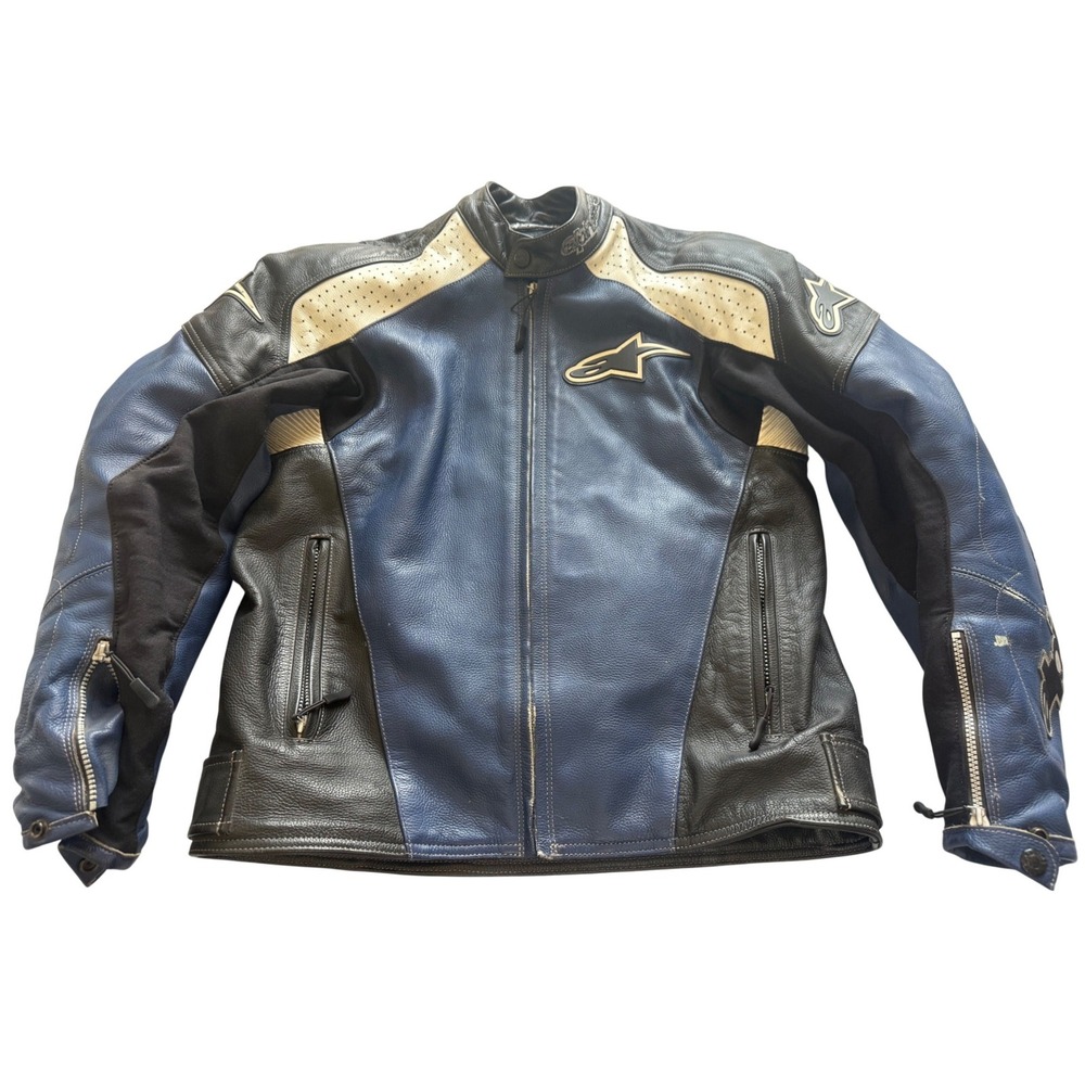 Alpinestars Mens Leather Motorcycle Jacket Size 42 Blue Black Biker Sportswear